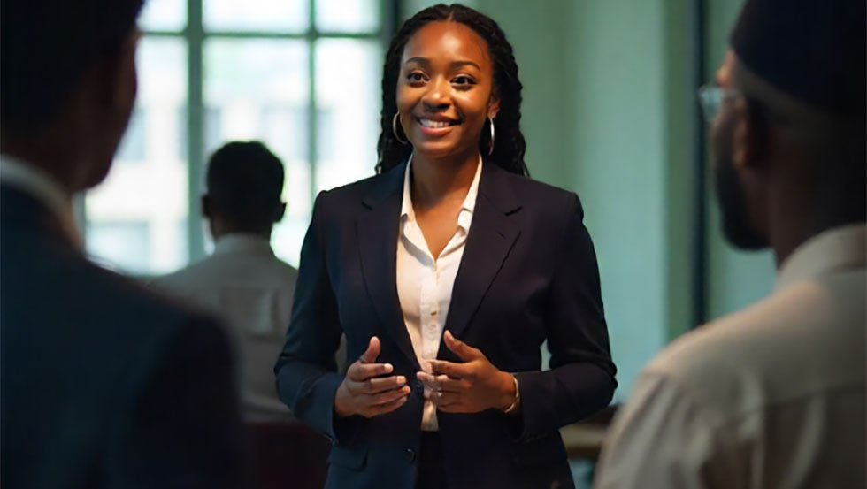 Female lawyer discussing a technology licensing agreement in a Nigerian office setting